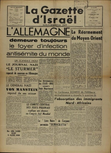 La Gazette d'Israël. 08 septembre 1949 V12 N°181